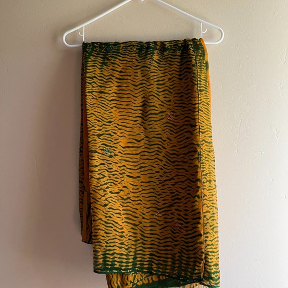 Mustard Yellow Shibori Tie Dye Saree Orange Green Chiffon Indian Sari - Picture 7 of 15